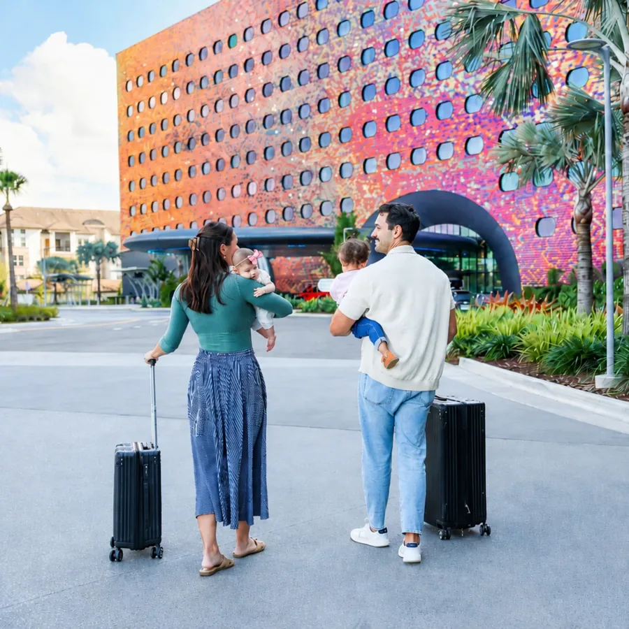 Family arriving in Orlando with luggage